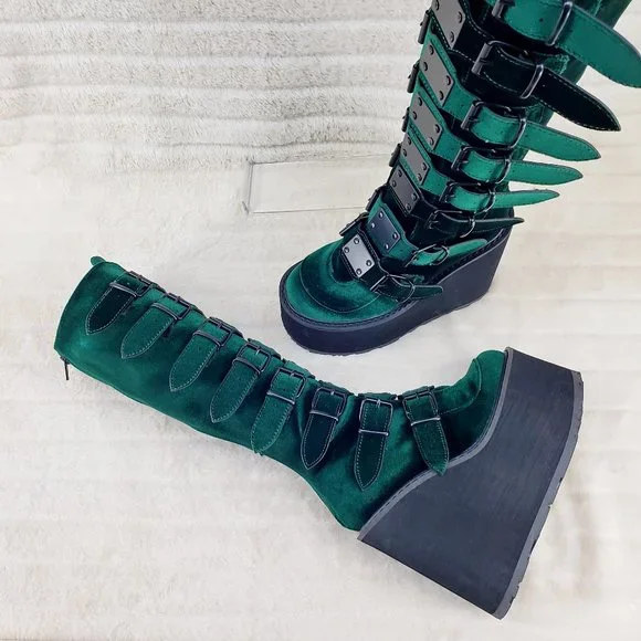 Swing Emerald Green Velvet Goth Punk Multi Strap Platform Restocked - Picture 7 of 14